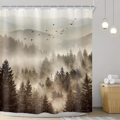 Riyidecor Foggy Mountain Shower Curtain 72Wx72H Inch Nature Abstract Scenery Pine Tree Rustic Misty Woodland Alpine Modern Landscape Natural Bathroom Decor Fabric Polyester Waterproof 12 Pack Hooks