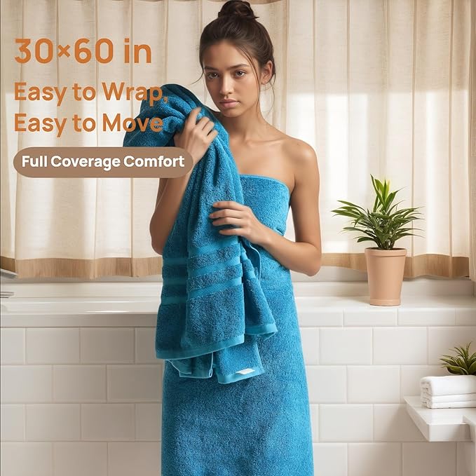 Cotton Bath Towel – Large 30x60 Inches, Soft, Thick & Absorbent Towel for Bathroom, Spa, or Home Use (Blue, 4 Pack – 30"x60")