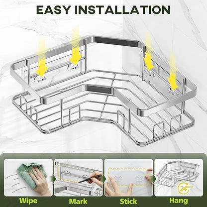 MAXIFFE 3 Pack X-Large Corner Shower Caddy with Soap Holder, Large Capacity Sturdy Easy Install No Drilling Stainless Steel Hold 40 LB Shower Organizer Shelves Rack for Family Renter Bathroom, Silver