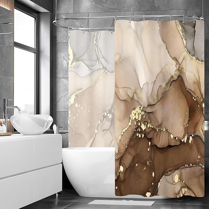 Extra Wide Marble Shower Curtain 108 x 72, Brown Abstract Shower Curtains for Claw Foot Tub, Modern Luxury 108 inch Long Shower Curtain Set with 18 Pack Plastic C-Hooks