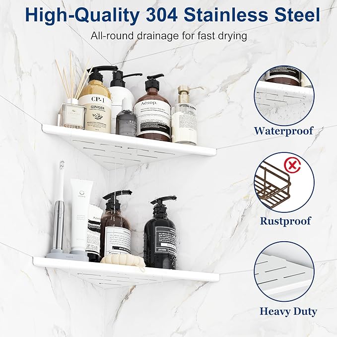 Corner Shower Shelves, 10” Recessed Tile Shower Shelf, 304 Stainless Steel Grout in Corner Tile Shower Shelves, No Drilling, Matte White, 2 Pack