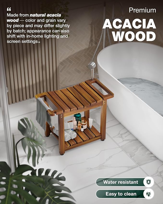 BLUEWEST Shower Bench Seat with Storage Shelf, Natural Wood Shower Benches for Inside Shower to Sit on, Waterproof Bathroom Spa Bench Stool for Legs Shaving with Built-in Handle & Shower Head Holder