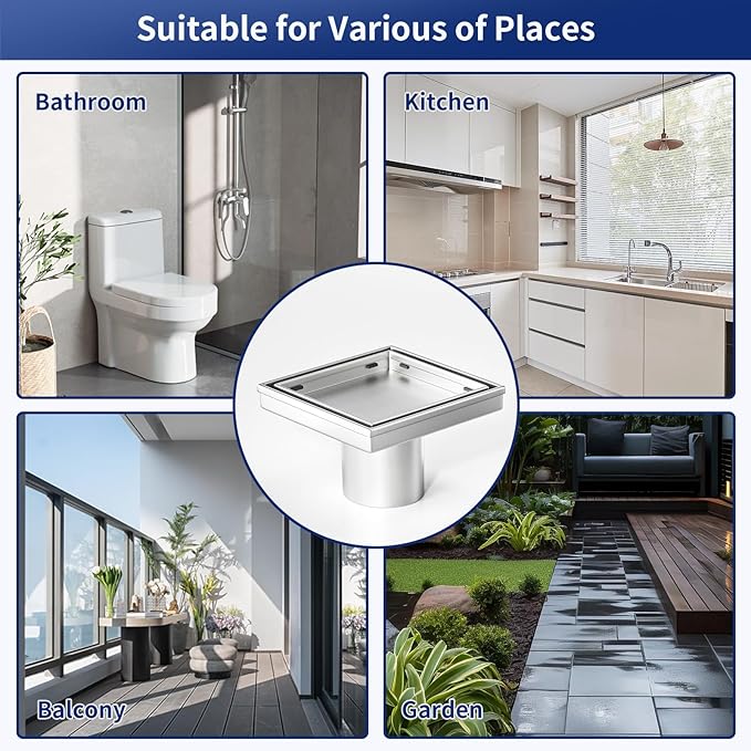 Square Shower Drain 4", Brushed Floor Drain with Tiled Insert Grate & Hair Strainer, 304 Stainless Steel Bathroom 2-in-1 Tiled in Drain, CUPC Certified (Brushed, 4'')