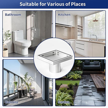 Square Shower Drain 4", Brushed Floor Drain with Tiled Insert Grate & Hair Strainer, 304 Stainless Steel Bathroom 2-in-1 Tiled in Drain, CUPC Certified (Brushed, 4'')
