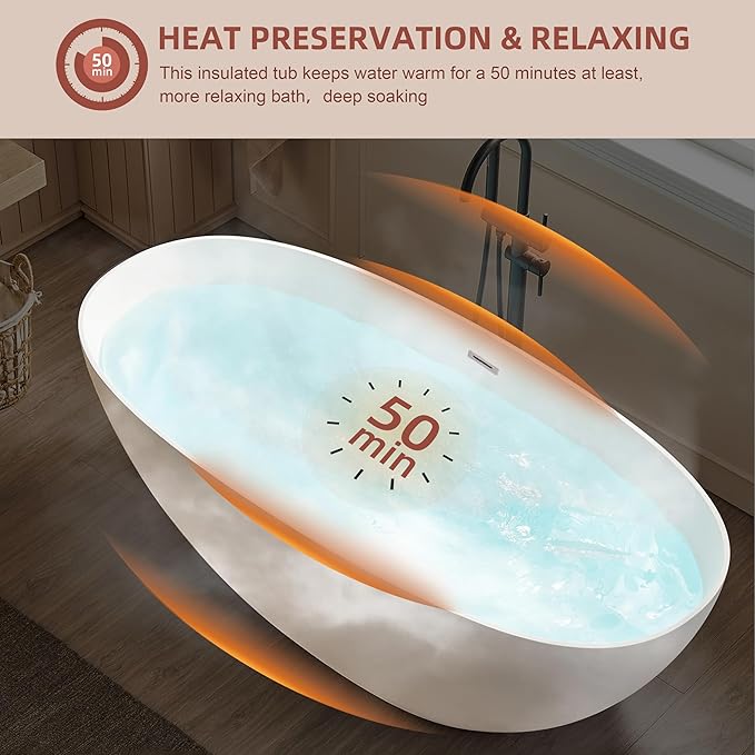 67 inch Freestanding Soaking Bathtub, Modern Stand Alone Free Standing Acrylic Tub with Center Drain & Overflow, Glossy White