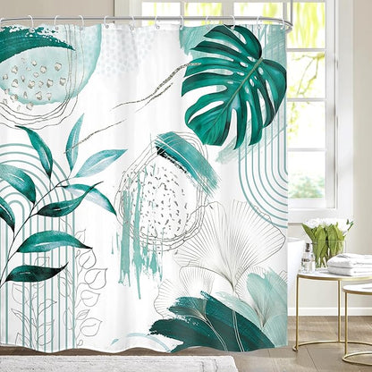Green Boho Shower Curtain 72Wx72H Bohemian Modern Abstract Teal Tropical Palm Leaves Plant Arch Lines Mid Century Bathroom Decor Minimalist Geometric Bath Curtain Fabric Polyester 12 Pack Hooks