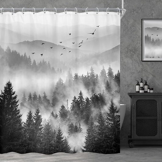 Riyidecor Extra Long Black and White Shower Curtain 72Wx78H Inch Foggy Scene Alpine Tree Misty Mountain View Pine Wood Nature Natural Botanical Bathroom Decor Fabric Polyester Waterproof 12 Pack Hooks