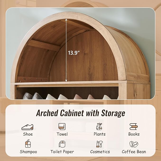 71" Tall Arched Bathroom Storage Cabinet, 7-Tier Modern Farmhouse Storage Cabinet with Adjustable Shelves, Wood Freestanding Cabinet for Bathroom, Living Room, Entryway, Hallway (Natural)