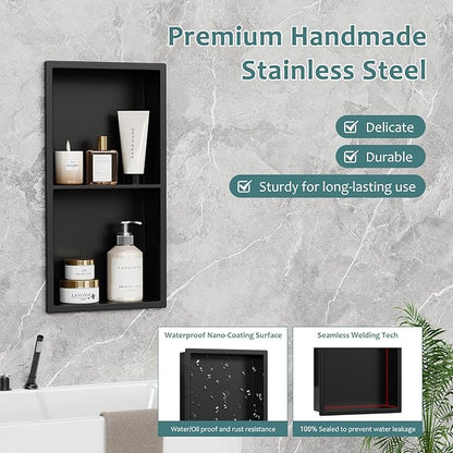 No Tile Needed Shower Niche, 24" X 12"(Outside Size 25.4"X13.4") Bathroom Niche for Shower Wall, Recessed Black Stainless Steel Wall Cabinet Insert for Bathroom