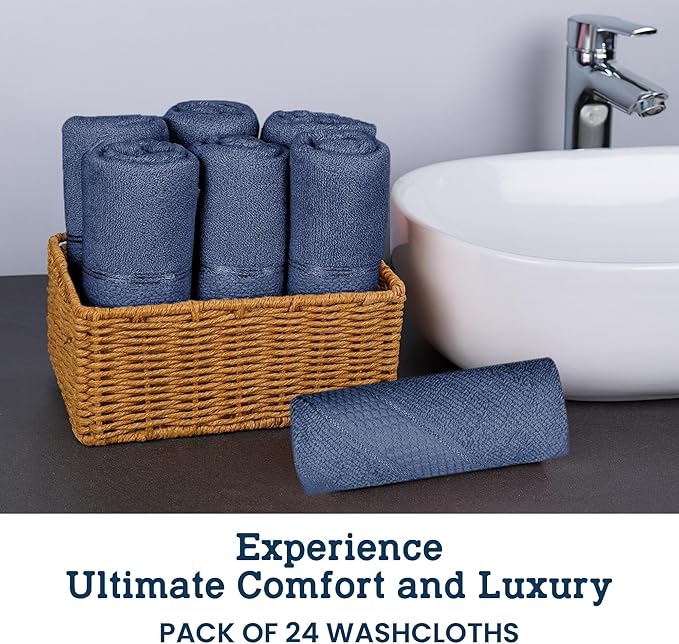 Casa Lino Face Towels & Body Wash Cloths for Showering - 100% Cotton Wash Cloths for Bathroom - Highly Absorbent & Quick Drying Washcloth Set - Cotton Washcloths 24 Pack (12" x 12") - (Cobalt Blue)