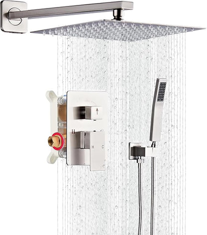 Shower Faucet Set, Rainfall Shower System Complete Wall Mounted for Bathroom with 12 Inch Shower Head and Handheld Rain Mixer Combo Kit with Shower Valve and Shower Trim, Brushed Nickel