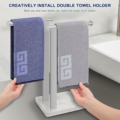 NearMoon Hand Towel Holder with Balanced Marble Base, SUS304 Stainless Steel Stand Towel Ring L Shape Hand Towel Rack Free-Standing Towel Bar for Bathroom Kitchen Countertop(Double Rod Brushed Nickel)