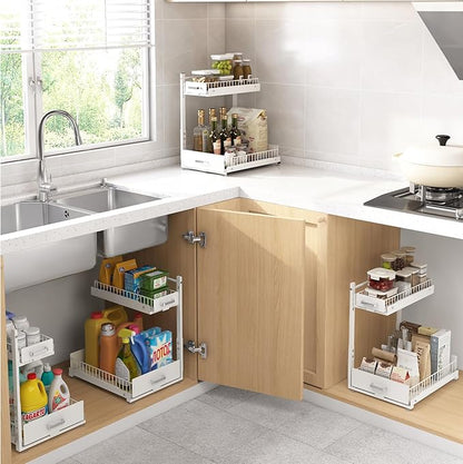 Under Sink Organizer,2 Tier Slide Out Kitchen Cabinet Organizers with Pulley,Under Bathroom Sink Pull Out Organizer with Multiple Height Adjustments for Kitchen and Bathroom Cabinets-White