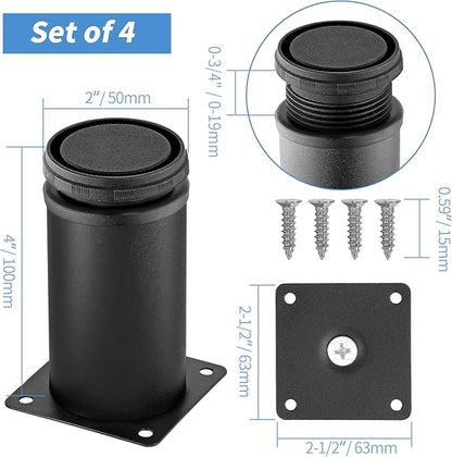 4 Inch Metal Furniture Legs Stainless Steel Adjustable Legs Black Metal Legs Round Cabinet Legs for Coffee Table Cabinet Desk Sofa Shelves, Pack of 4