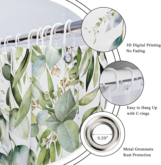 Riyidecor Green Eucalyptus 4Pcs Bathroom Shower Curtain Sets Plants Botanical Leaves Bathroom Decor Set with Rugs and Accessories Green Leaves Toilet Lid Rug, Contour and Bath Mat with 12