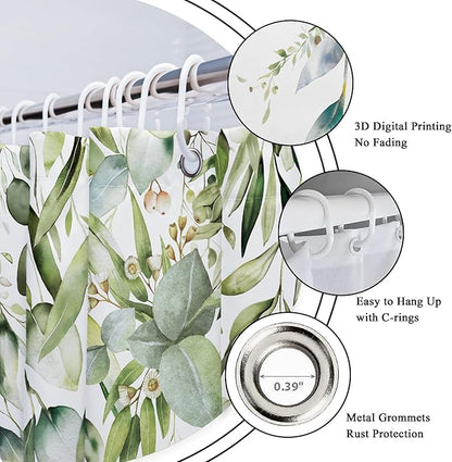 Riyidecor Green Eucalyptus 4Pcs Bathroom Shower Curtain Sets Plants Botanical Leaves Bathroom Decor Set with Rugs and Accessories Green Leaves Toilet Lid Rug, Contour and Bath Mat with 12