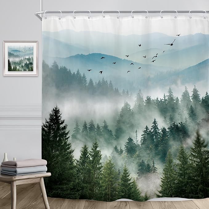 Riyidecor Green Mountain Shower Curtain 72Wx84H Inch Extra Long Nature Scenery Foggy Pine Tree Scenic Landscape Woodland Rustic Mens Bathroom Decor Fabric Polyester Waterproof 12 Pack Hooks