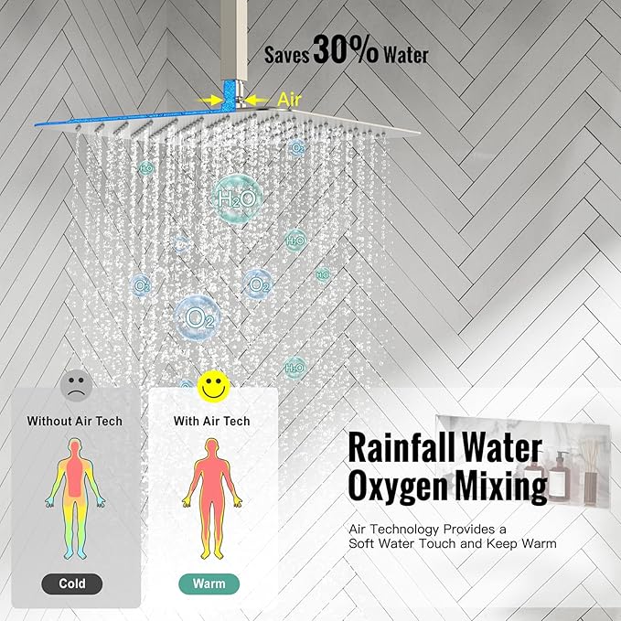 SR SUN RISE 16 Inches Brushed Nickel Shower System Bathroom Luxury Rain Mixer Shower Combo Set Ceiling Mounted Rainfall Shower Head Faucet (Contain Shower Faucet Rough-In Valve Body and Trim)