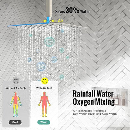 SR SUN RISE 16 Inches Brushed Nickel Shower System Bathroom Luxury Rain Mixer Shower Combo Set Ceiling Mounted Rainfall Shower Head Faucet (Contain Shower Faucet Rough-In Valve Body and Trim)