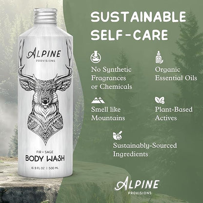 Alpine Provisions Natural Fir & Sage Moisturizing Body Wash – Refreshing with Essential Oils, Aloe Vera & Coconut Oil – Vegan, Sulfate-Free, Plastic-Free Aluminum Bottle – 16.9 FL Oz