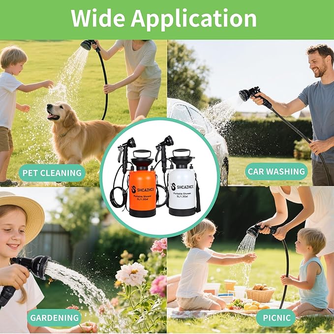 1.3 Gallon/5L Portable Outdoor Shower, 10 Spray Modes, No Power Needed, Insulated Sleeve Keeps Water Warm, Multi-Use Sprayer for Camping, Beach & Surfing, Fishing, Hiking, Road Trips, White