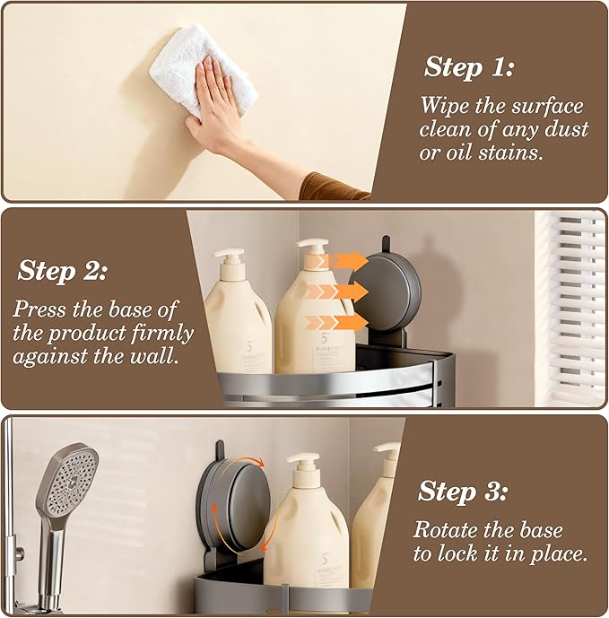 Corner Suction Cup Shower Caddy(2-Pack Gray),No-Drilling Aluminum Shower Shelf with Towel Bar & Hooks,Removable Bathroom and Kitchen Storage Organizer