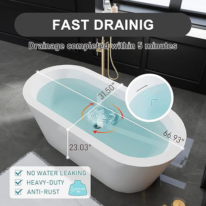 67" Acrylic Freestanding Bathtubs, Stand Alone Tub, Soaking Tubs for Bathroom, Integrated Overflow and Drain, cUPC Certified, Gloss White