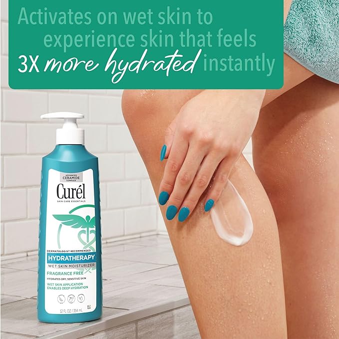 Curel Fragrance Free Itch Defense In Shower Lotion for Sensitive and Dry Skin, Hydra Therapy Body Lotion with Vitamin E, Fast-Absorbing Ceramide Moisturizer, Repairs Moisture Barrier, Body Care, 12 Oz