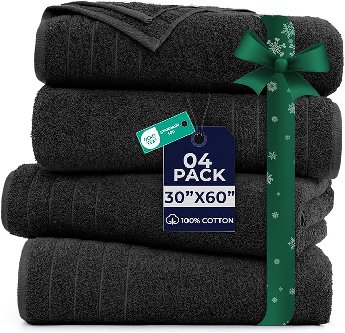 DAN River Extra Large Bath Towels Set of 4, 30 x 60 Inches - 100% Cotton Larger & Lighter Weight Towels for Bathroom - Quicker to Dry, Super Soft & Highly Absorbent Towels for Home, Black