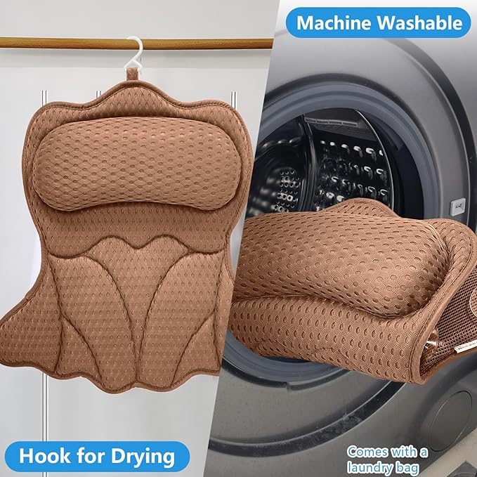 REEZEIVI Bath Pillows for Tub,Bath Pillow with 6 Non-Slip Suction Cups,Soft 4D Mesh Fabric,Bathtub Pillows for Tub Neck and Back Support,Extra Thick Luxury Bathtub Pillows,Brown