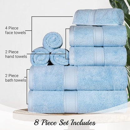 BLUENILEMILLS Madison Egyptian Cotton Towels, Towel Set for Bathroom, Shower, Hotel, Plush, 800 GSM, Highly Absorbent and Ultra-Soft Towels, Bath Essentials, 8 Piece Assorted Towel Set, Light Blue