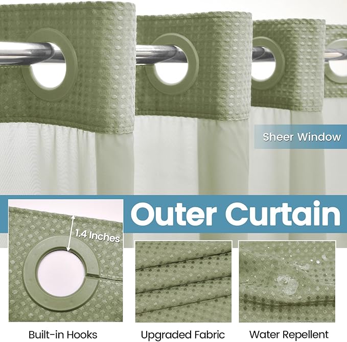 Sage Green Hotel Shower Curtain - 230GSM Waffle Textured Heavy Duty Thick Fabric Shower Curtains for Bathroom,71W x 74H