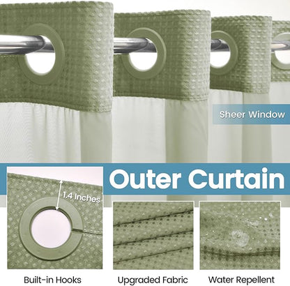 Sage Green Hotel Shower Curtain - 230GSM Waffle Textured Heavy Duty Thick Fabric Shower Curtains for Bathroom,71W x 74H