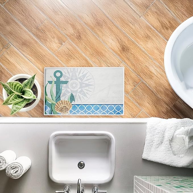 Stupell Industries Bayside Anchor & Compass Plush Bathroom Mat & Bath Rug, Soft Quick-Dry Non-Slip Bathroom Rug with Recycled Foam Cushion, Nautical Coastal Navigation Design by Kim Allen, 18"x30"