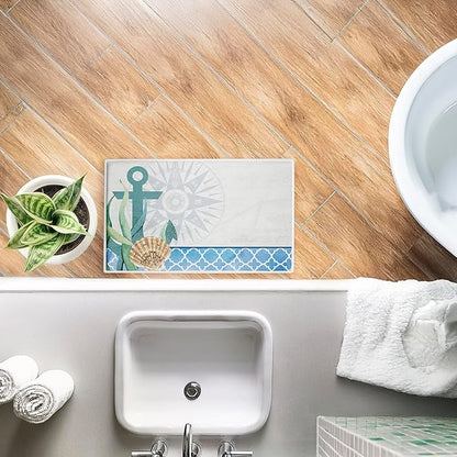 Stupell Industries Bayside Anchor & Compass Plush Bathroom Mat & Bath Rug, Soft Quick-Dry Non-Slip Bathroom Rug with Recycled Foam Cushion, Nautical Coastal Navigation Design by Kim Allen, 18"x30"