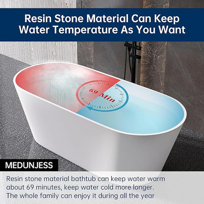 67'' Flatbottom Bathtub Solid Surface Freestanding Bathtub Matte Bathroom Soaking Bathtubs Resin Stone Oval Soak Tubs with Overflow and Pop-up Drain - White