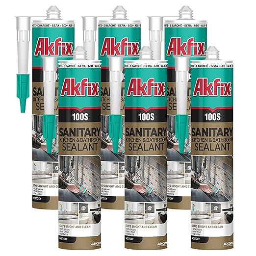 Akfix 100S RTV 100% White Silicone Caulk (6x10.1 fl.oz.) - Kitchen and Bathroom Applications, Waterproof & Low Odor Sealant for, Bathtub, Shower, Sink - Anti Shrink Caulking | White, 6 Pack