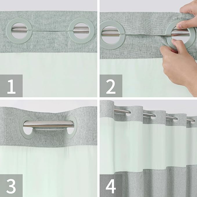 No Hooks Needed Linen Textured Shower Curtain with Snap-in Fabric Liner Set,Hotel Luxury Decor Shower Curtains for Bathroom with Mesh Top Window,Waterproof & Washable,71Wx74H,Sage Green