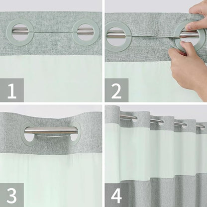 No Hooks Needed Linen Textured Shower Curtain with Snap-in Fabric Liner Set,Hotel Luxury Decor Shower Curtains for Bathroom with Mesh Top Window,Waterproof & Washable,71Wx74H,Sage Green