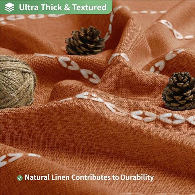 No Hook Long Shower Curtain Set with Snap-in Fabric Liner,Linen Textured Thick Striped Fabric with Tassels,Boho Farmhouse Rustic Luxury Bathroom Curtain,Water-Repellent,Orange,71x80