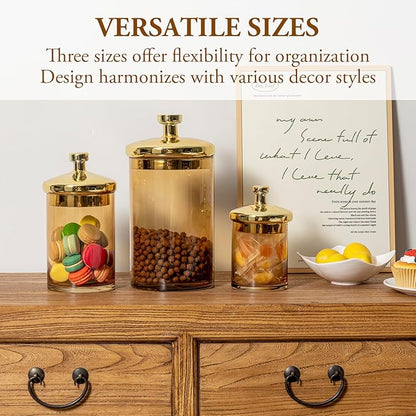 MyGift Glass Apothecary Jar Set with Brass Lids, Decorative Kitchen and Bathroom Storage Canisters, Wedding Centerpiece Jars, Candy Buffet Containers