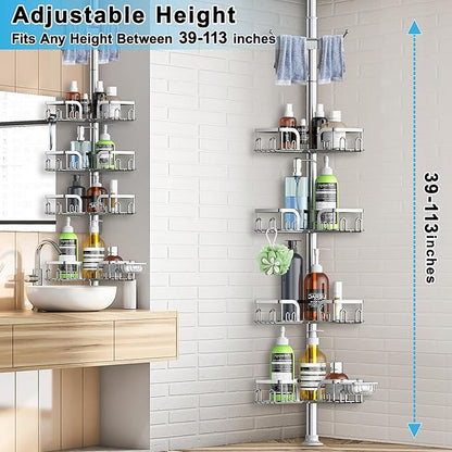 Corner Shower Caddy Tension Pole,39-113 inch Adjustable Rustproof Floor Standing Shower Organizer Shelf with 4 Basket for Bathtub,Inside Shower Shampoo Storage Silver