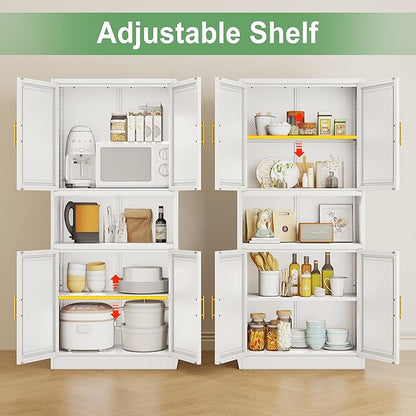 Pantry Cabinet 61" H Metal Kitchen Cabinet with 4 Doors, Bathroom Cabinets, 2 Adjustable Shelves for Kitchen, Home Office, Living Room, Dinning Room (White)