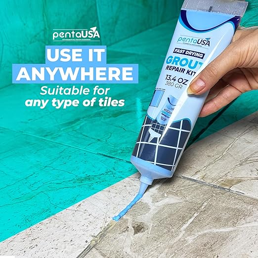 PentaUSA Tile Grout - Large Grout Filler Repairs Renews Tube, Fast Drying Grout Repair Kit, Odorless Formula - Grout Floater Included - 13.4oz / 380gr (Blue)