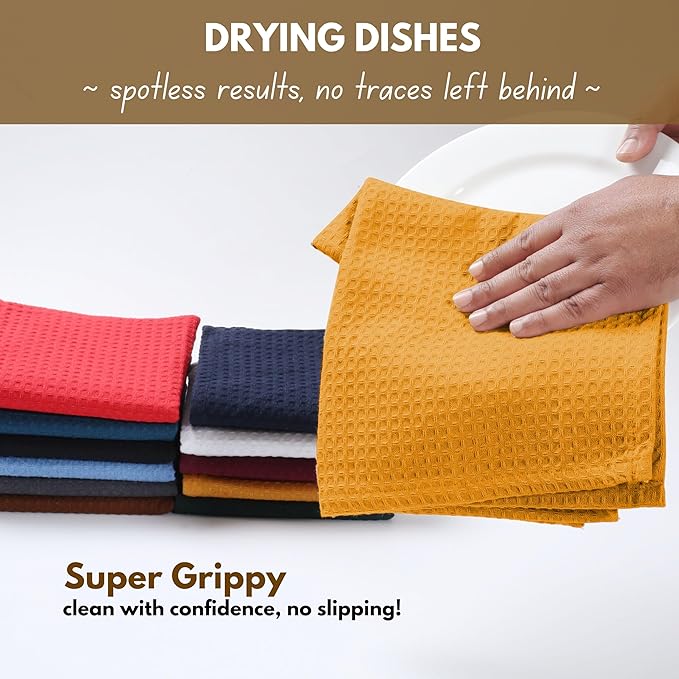 Native Fab Cotton Kitchen Towel with Hanging Loop 16x26 inches, 6-Pack, Waffle Weave Kitchen Towels for Cleaning Drying, Washcloths Soft & Absorbent Cloth Rags, Bar Towel, Dish Cloth, Mustard Yellow