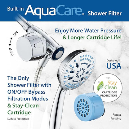 AquaCare Magneton 8-setting Magnetic Docking Hand Shower with Built-in Shower Filter - On/Off Filtration Modes, Instant Cartridge Reload, Stay-Clean KDF Cartridge, 6 ft. Steel Hose, Chrome Finish