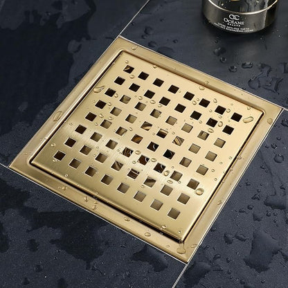 4 Inch Square Shower Floor Drain, Stainless Steel Black Shower Drain Kit with Flange, Floor Drain with Removable Grid Cover,Brushed Gold