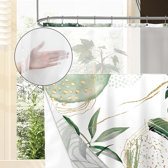 Sage Green Boho Shower Curtain 72Wx72H with Snap in Liner Mid Century Modern Abstract Gold Olive Tropical Palm Leaf Bathroom Decor Simple Geometric Bath Curtain Fabric Polyester 12 Pack Hooks
