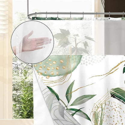 Sage Green Boho Shower Curtain 72Wx72H with Snap in Liner Mid Century Modern Abstract Gold Olive Tropical Palm Leaf Bathroom Decor Simple Geometric Bath Curtain Fabric Polyester 12 Pack Hooks