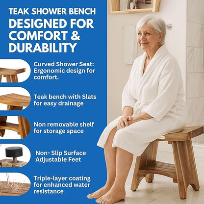 EcoDecors Teak Shower Bench with Shelf 18", 300 lb Capacity – Fully Assembled Waterproof Wood Spa Seating for Adults - Compact Fit for Small Bathrooms & Walk-in Showers - Slip-Resistant Feet